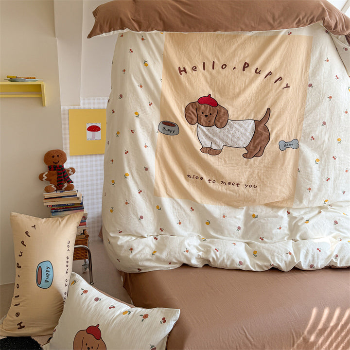 Cute Cartoon Puppy Cotton Duvet Cover Set with Pillow Shams and Reversible Floral Border