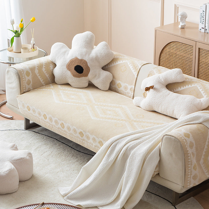 Sofa cover stretch throw with non-slip back coating and geometric ethnic pattern