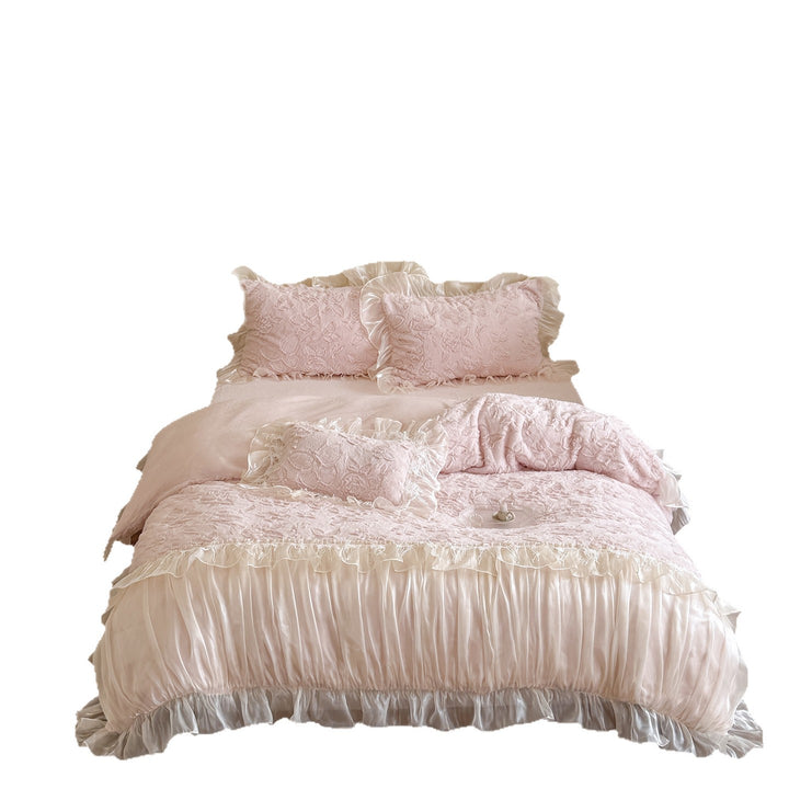 Ruffled satin bedding set with quilted floral relief