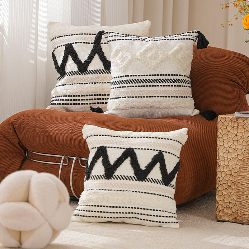Rectangular Woven Lumbar Decorative Pillow with Tufted Diamonds and Tassels