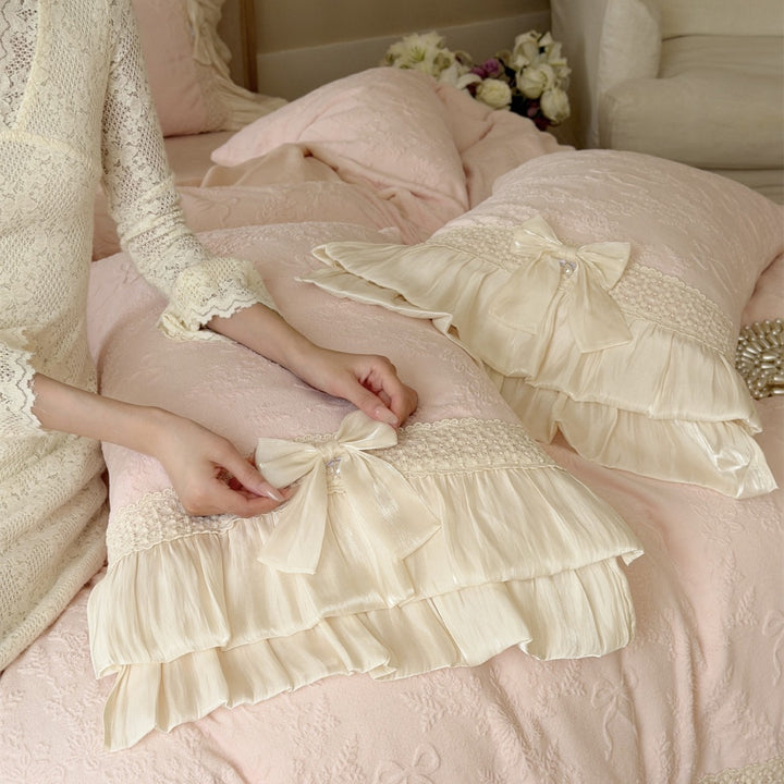 Vintage Lace-Trimmed Quilted Bow-Embossed Duvet Cover Bedding Set