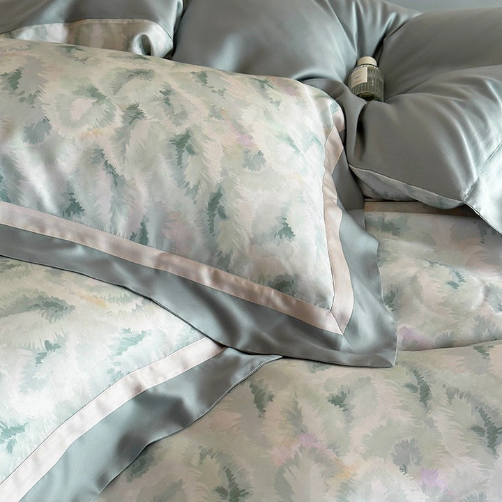 Premium-Duvet cover set made of Mako cotton with watercolor fern pattern and silk matte finish