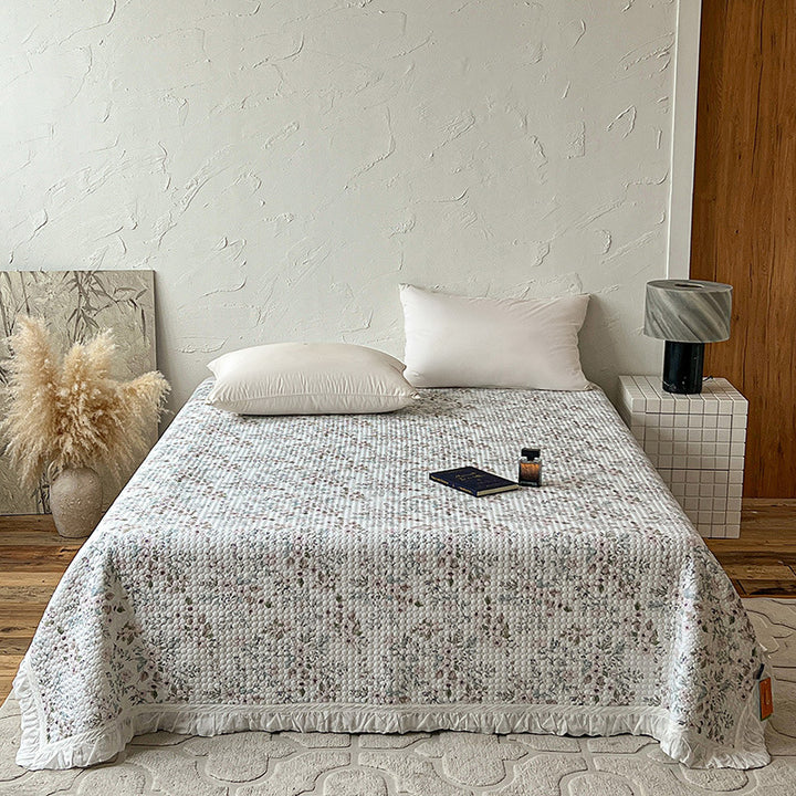 Quilted Bedspread Coverlet with Ruffled Edge and Mini Floral Print