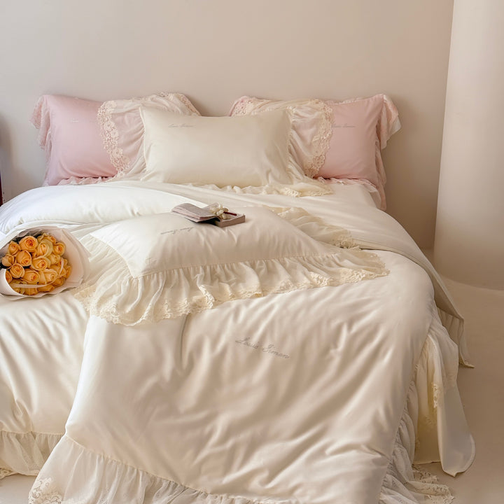 Luxury Satin Ruffled Pillowcase Set with Lace Trim