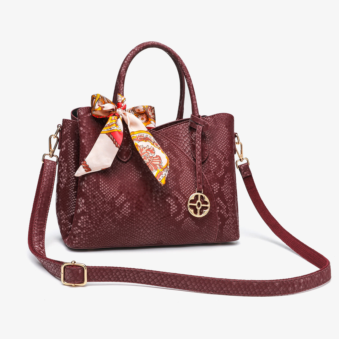 Textured Faux Leather Handbag with Decorative Scarf