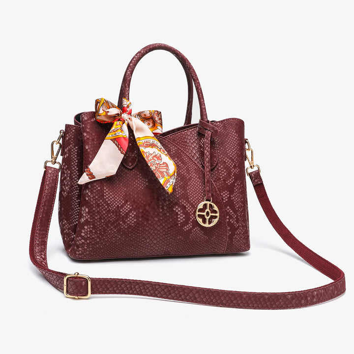 Textured Faux Leather Handbag with Decorative Scarf