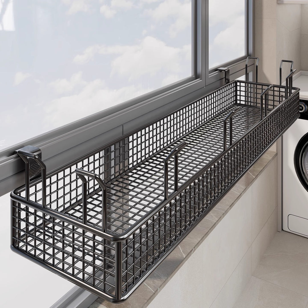 Window-Rail Hanging Shoe Storage Basket with Ventilated Grid and Adjustable Clamp Hooks