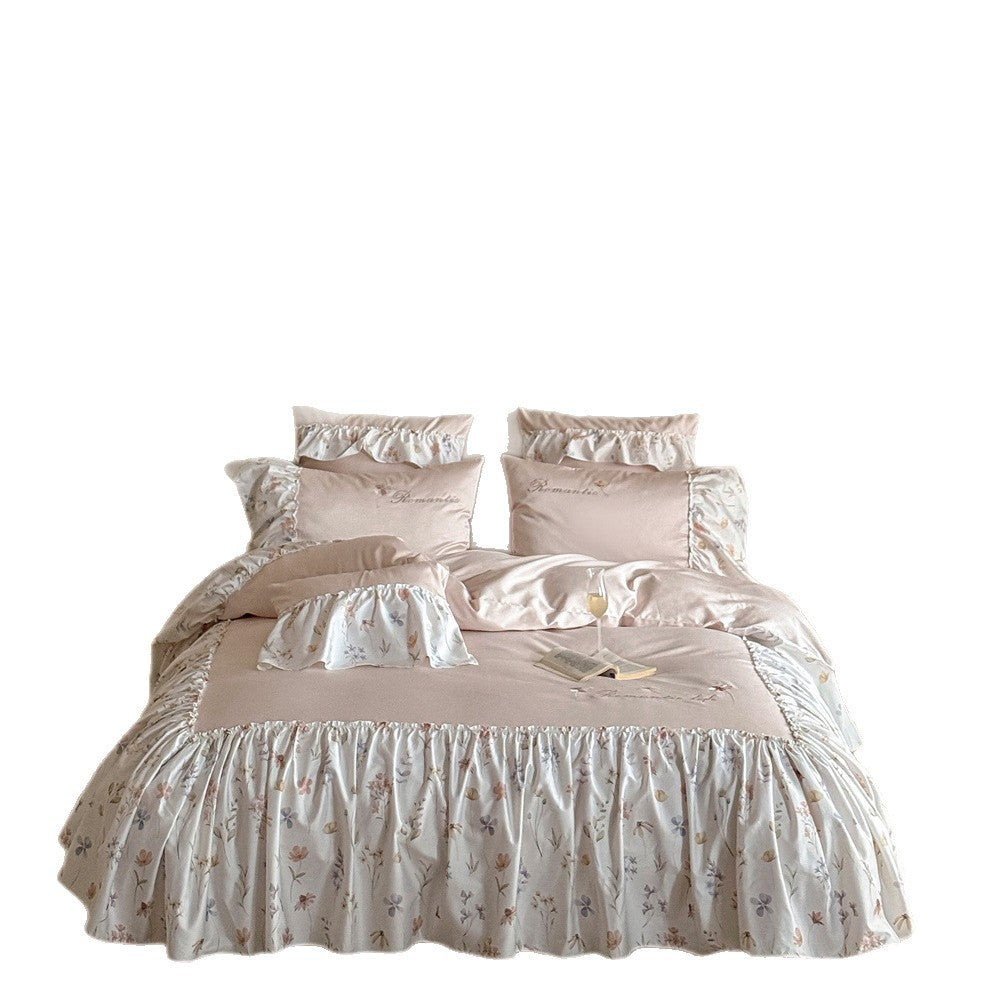 Ruffled Floral Cotton Sateen Duvet Cover Set with Pillow Shams and Bed Skirt