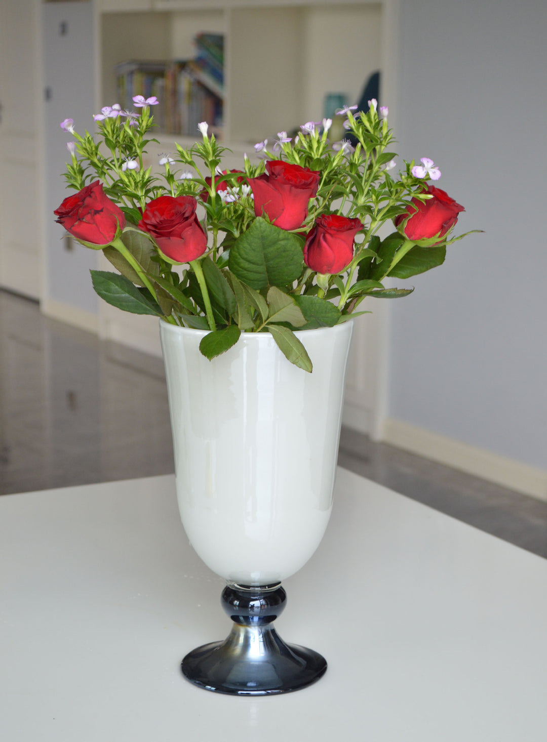 Handblown Fluted Pedestal Art Glass Trumpet Vase Stornfield