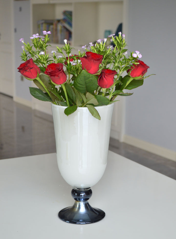Handblown Fluted Pedestal Art Glass Trumpet Vase Stornfield