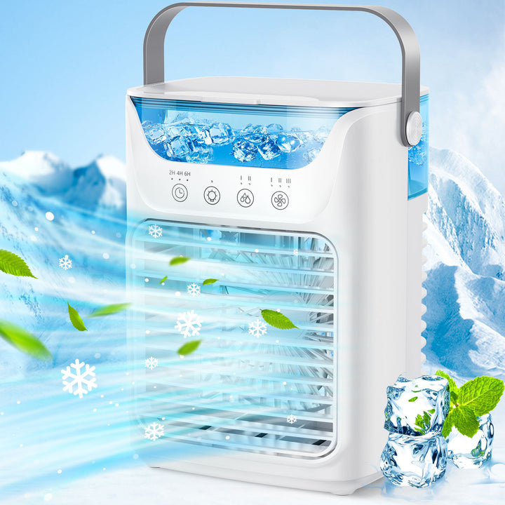Cooling portable evaporative air cooler with refillable water reservoir adjustable louvers quiet fan and carry handle Stornfield