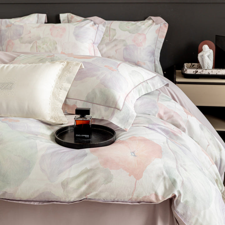 Luxurious cotton satin duvet cover set with watercolor flower pattern