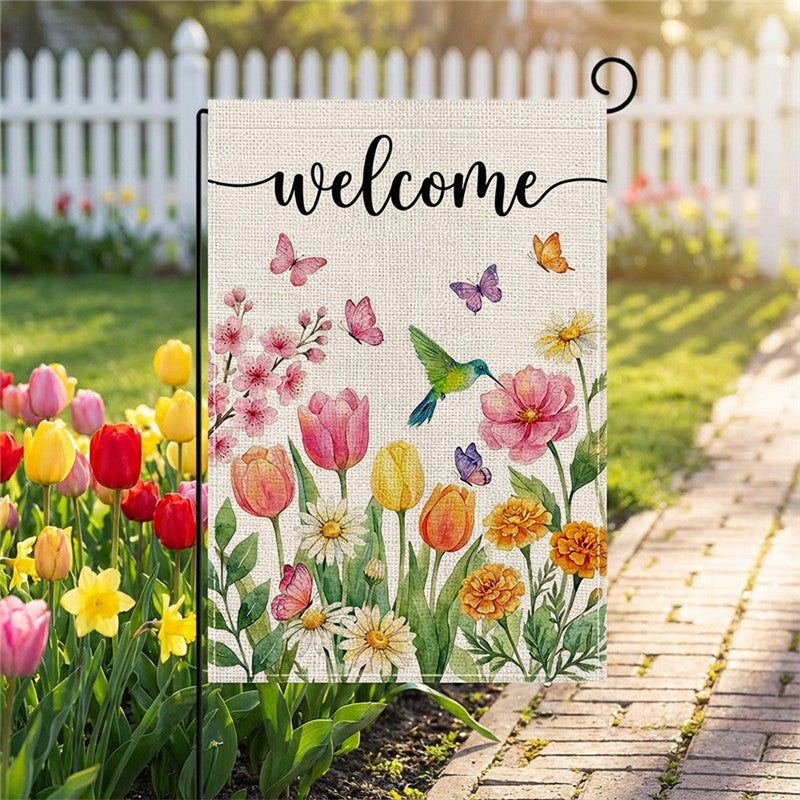 Botanical Welcome Garden Flag Linen-Texture Double-Sided Outdoor Decorative Banner