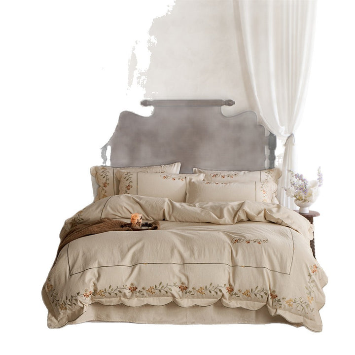 Embroidered Cotton-Linen Bedding Set with Wavy Hem and Floral Border Motif