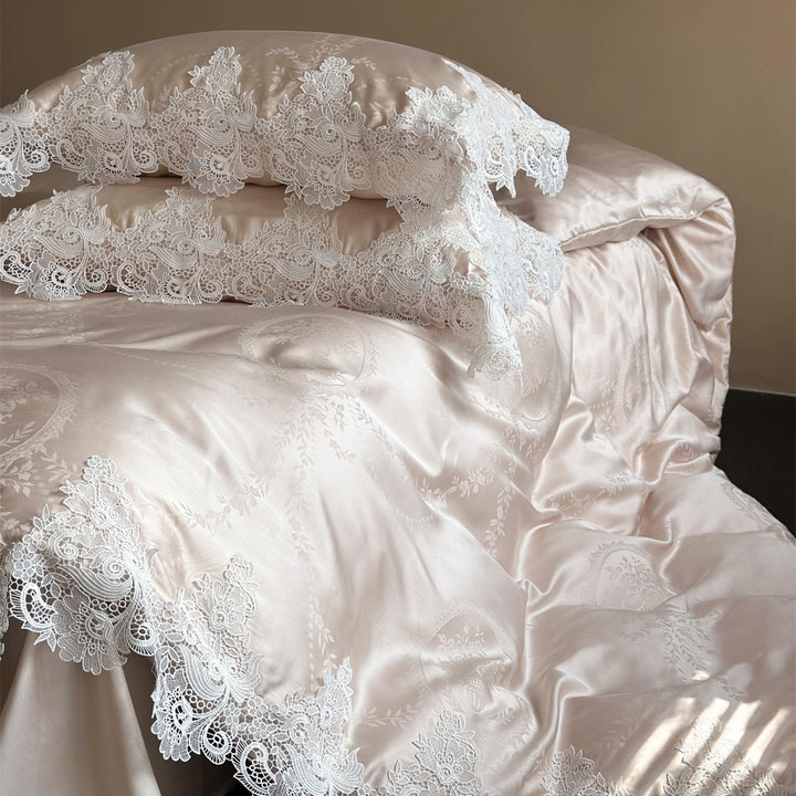 Luxurious Satin Jacquard Duvet Cover Set with Venetian Lace Trim