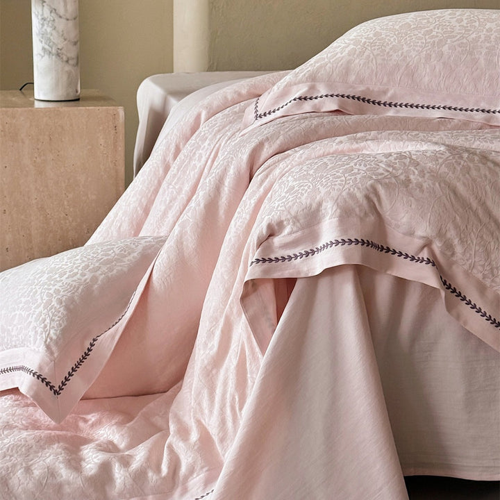 Jacquard Cotton Sateen Duvet Cover Set with Embroidered Leaf Border and Oxford Shams