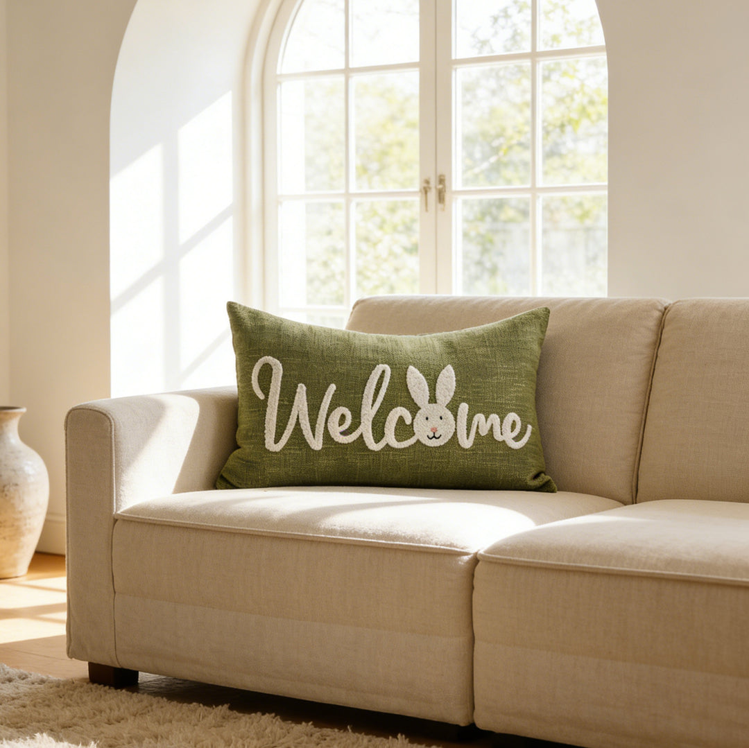 Embroidered Bunny Linen Blend Lumbar Throw Pillow with Tassel Corners