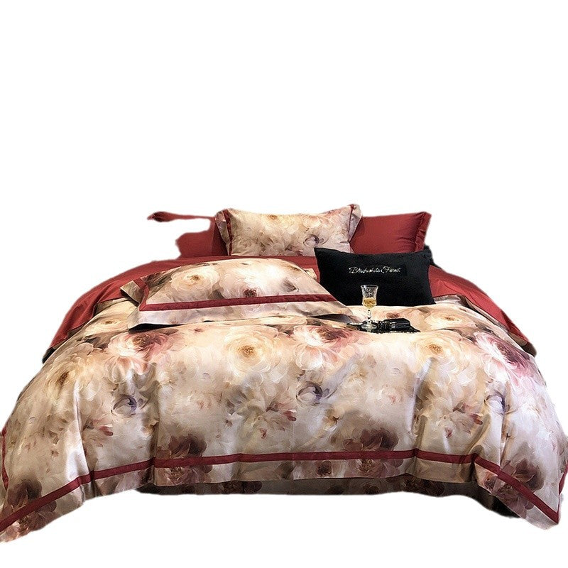 Satin bedding set with watercolor rose design, hotel closure and contrast piping