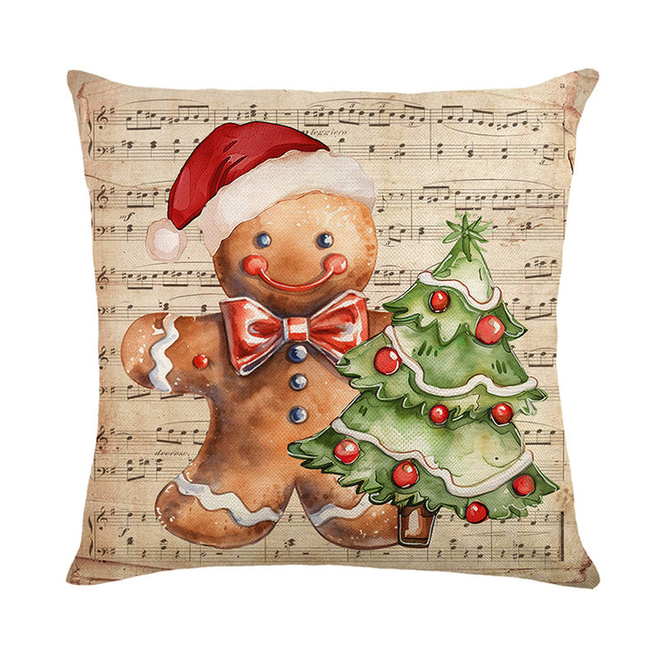 Festive Linen-Texture Decorative Throw Pillow Cover with Gingerbread Man and Musical Sheet Print