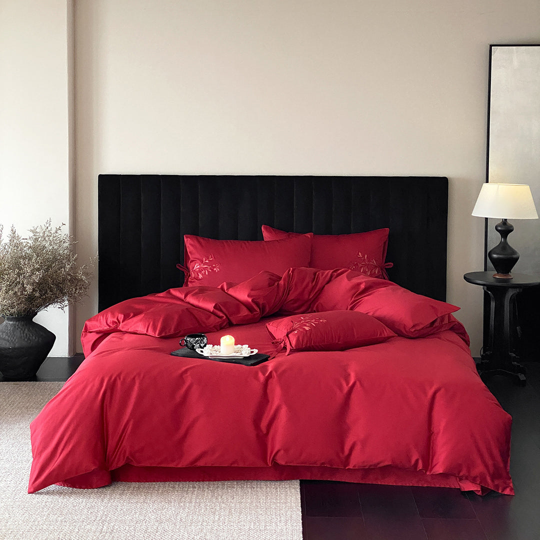 Luxurious satin bedding set with embroidered pillowcases