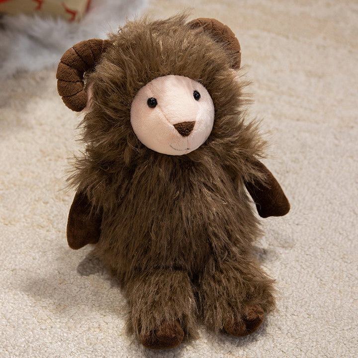 Plush Fluffy Ram-Inspired Teddy with Long Faux-Fur Coat and Embroidered Face Stornfield