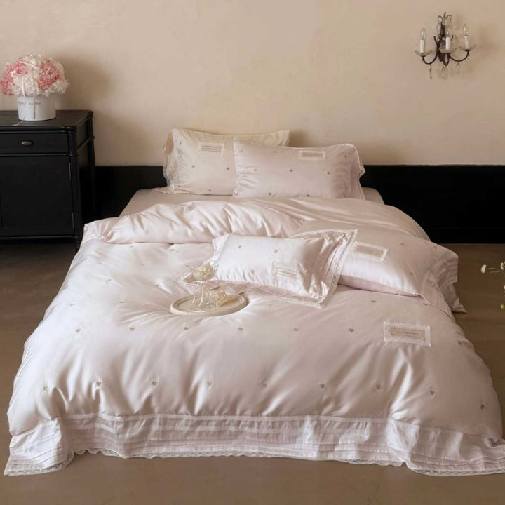 Luxury Embroidered Satin Duvet Cover Set with Lace Trim