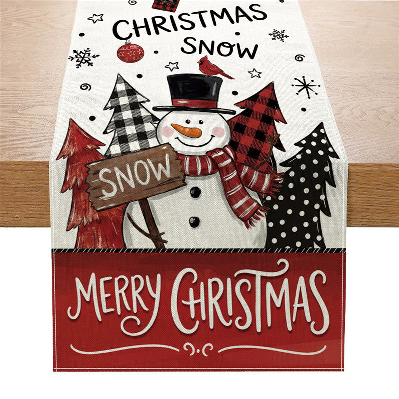 Festive Cotton-Linen Christmas Table Runner with Snowman and Plaid Tree Illustration