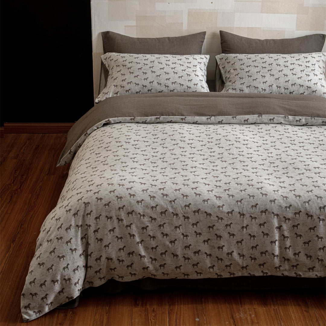 Printed Linen-Blend Reversible Duvet Cover Set with Horse Motif