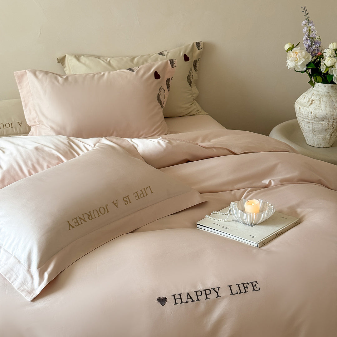 Cotton-Sateen Duvet Cover Bedding Set with Embroidered Happy Life Script and Scattered Heart Motif