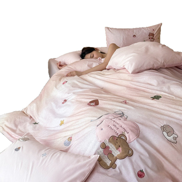 Children's Embroidered Animal Appliqué Duvet Cover Set with Plush Motif Pillow Shams