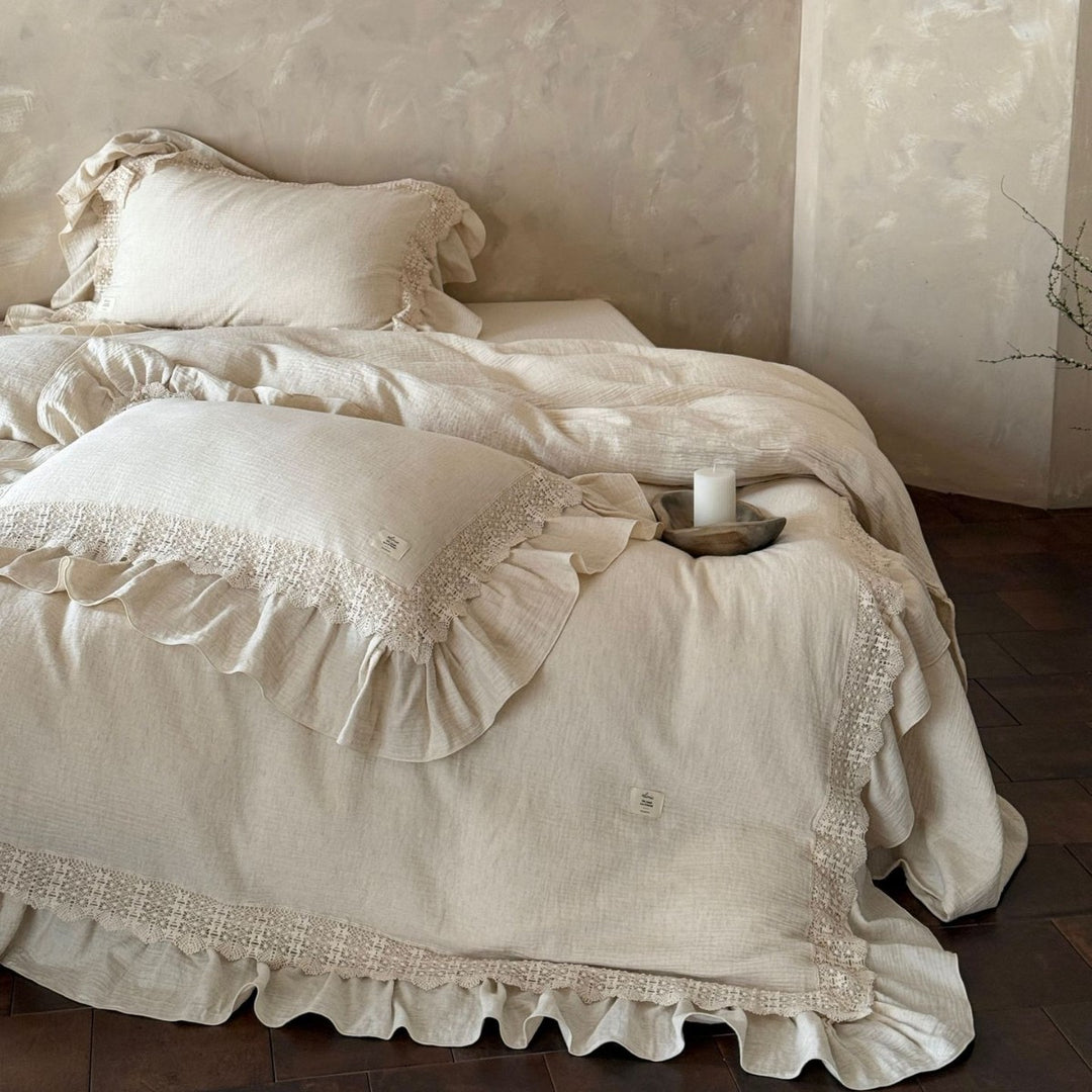 Cotton gauze duvet cover set with hand-crocheted lace trim and ruffle