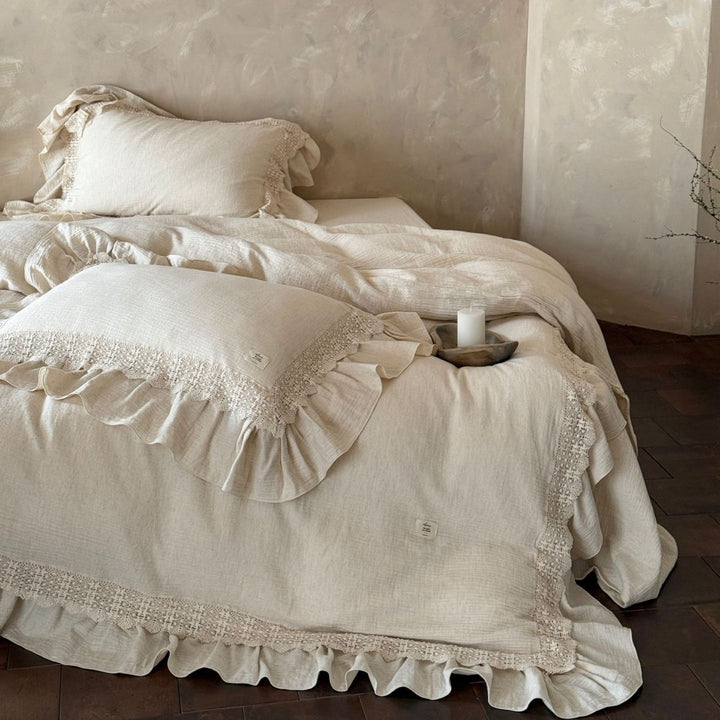 Cotton gauze duvet cover set with hand-crocheted lace trim and ruffle