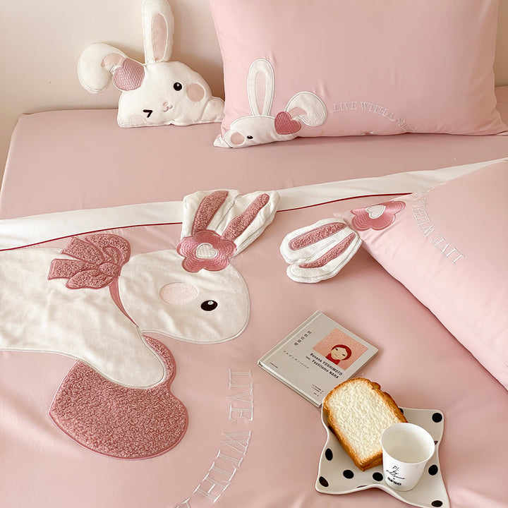 Bunny Appliqué Sateen Duvet Cover Set with Embroidered Heart Accents