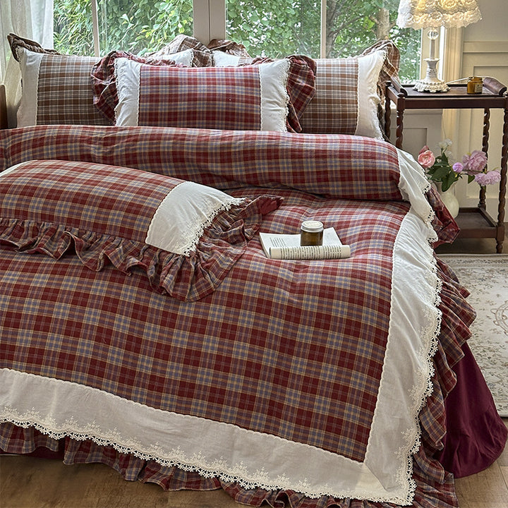 Ruffled Plaid Cotton-Linen Duvet Cover Set with Lace-Trimmed Border and Decorative Pillow Shams