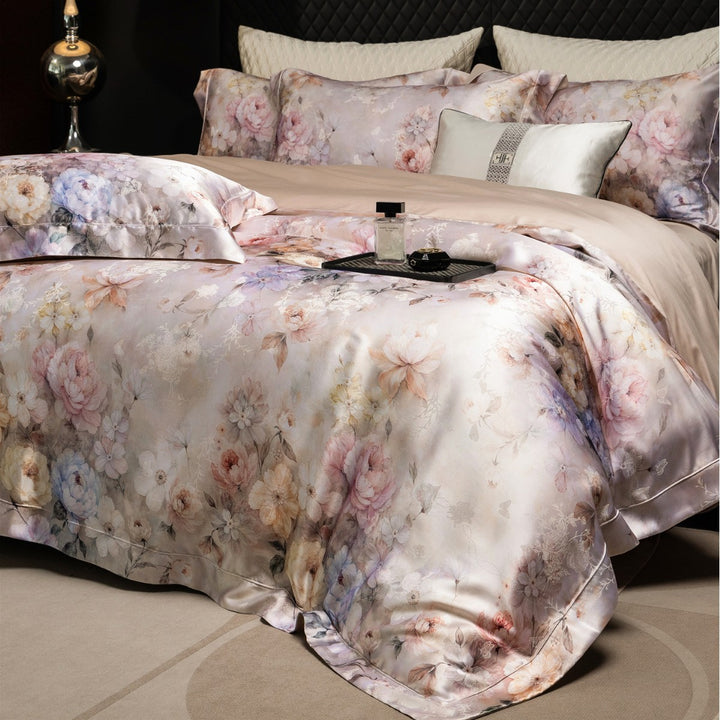 Silky Sateen Floral Duvet Cover Set with Reversible Satin Back and Luxury Pillow Shams