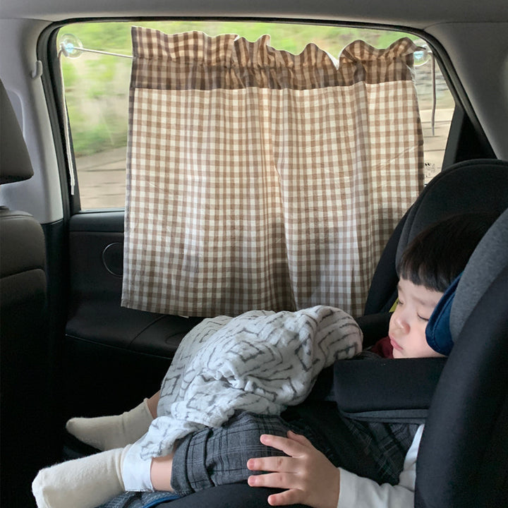Car Window Privacy Curtain Sunshade with Suction Cups and Gingham Cotton Panel
