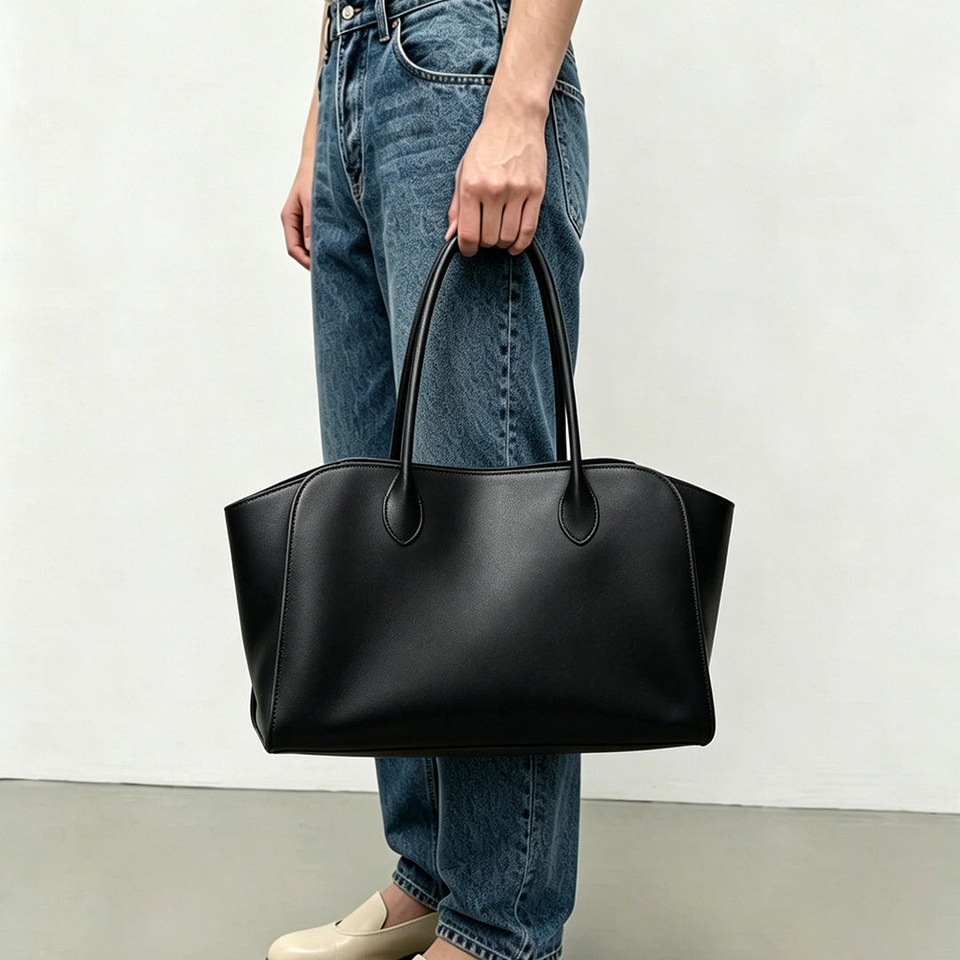 Structured Large Leather Tote Handbag with Double Top Handles