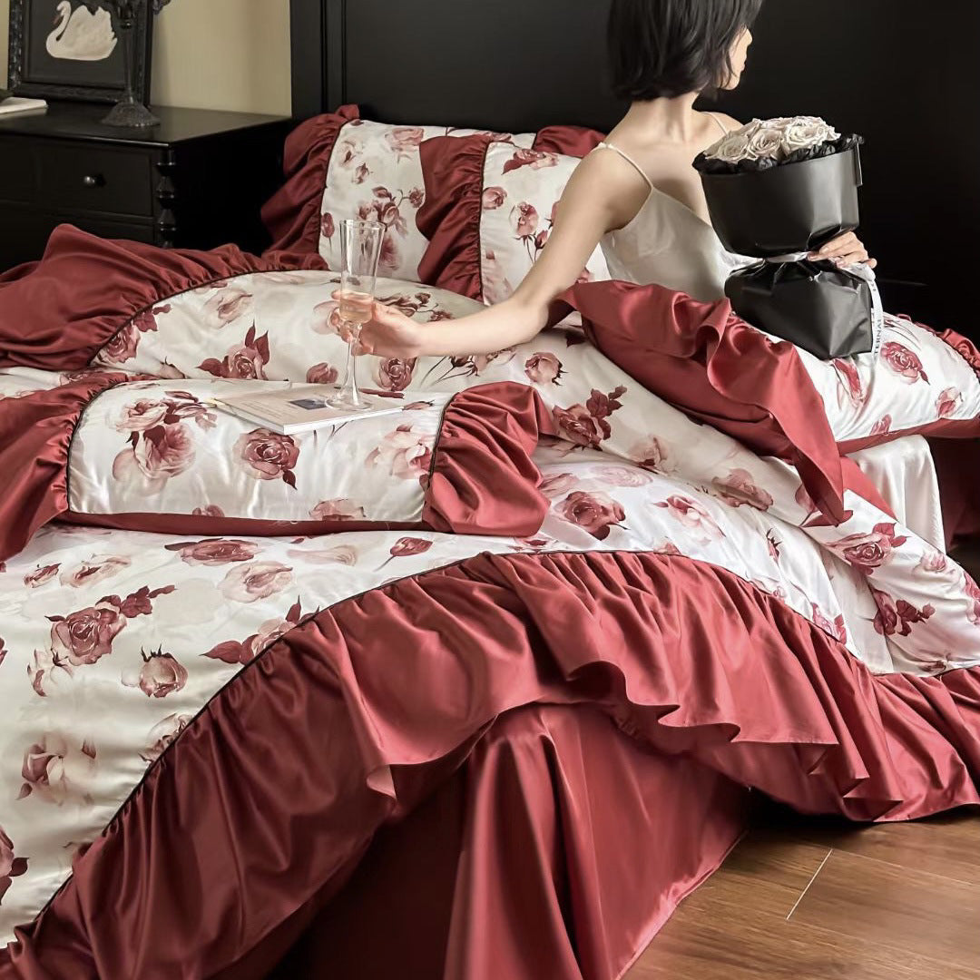 Luxurious flower satin bedding set with frill, bed skirt, and pillowcases