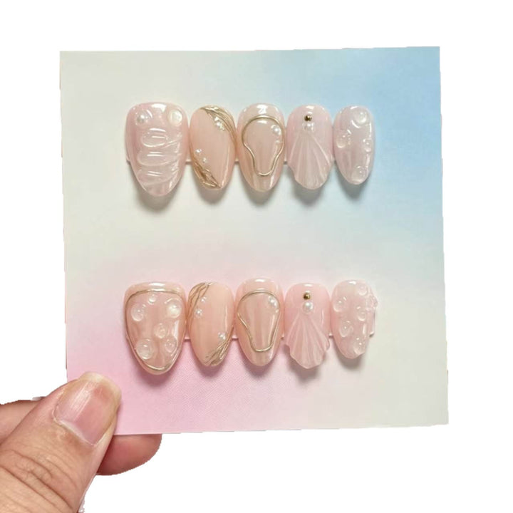 Artistic Press-On Nail Set with Elegant Pearl and Glossy Accents