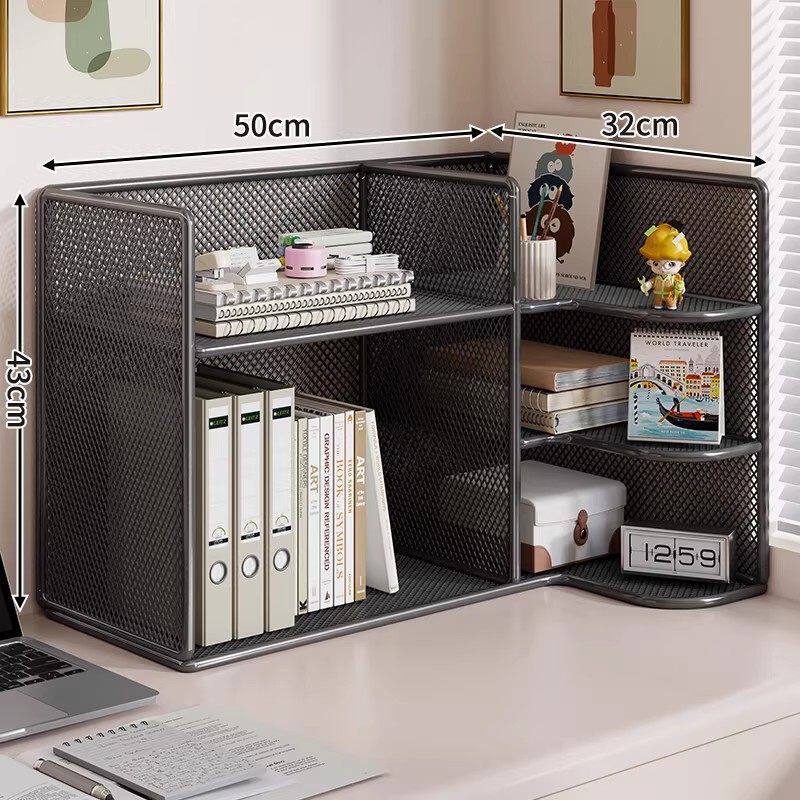 Mesh Corner Desktop Organizer Shelf with Multi-Compartment Tiers and Vertical File Slots