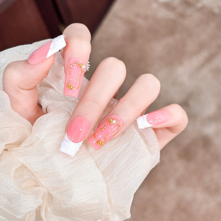 Artistic Press-On Nail Tips with Gold Accents