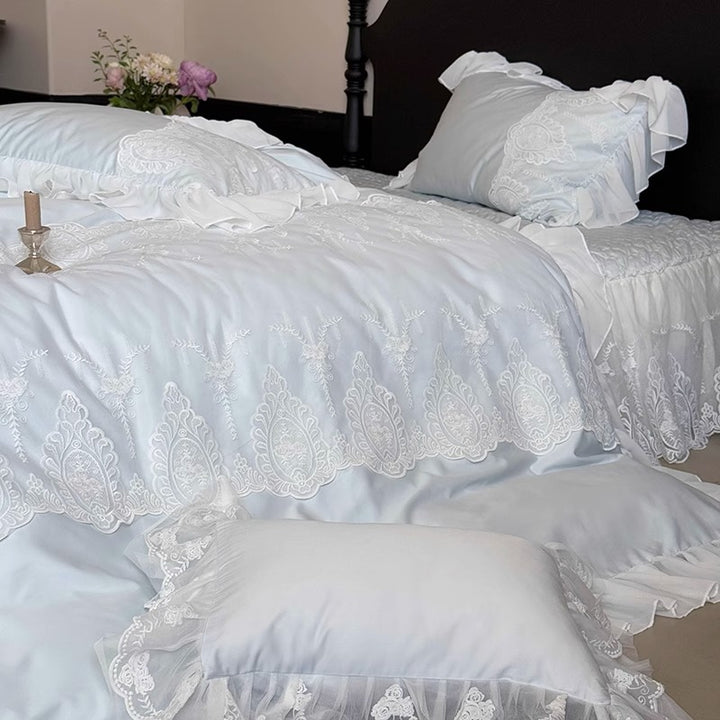 Romantic Ruffled Lace Cotton Sateen Duvet Cover Set with Scalloped Embroidery & Decorative Shams