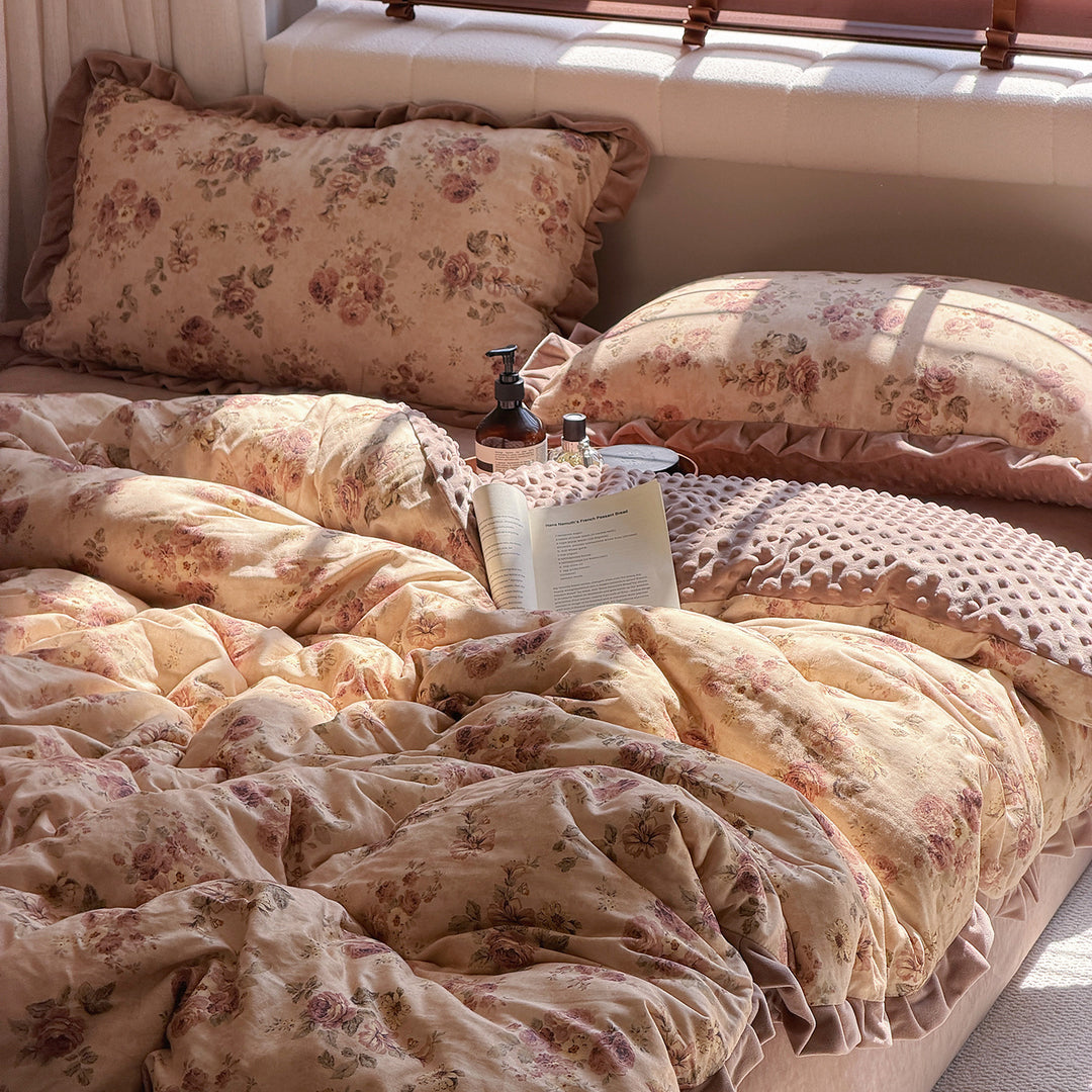 Ruffled Gingham Cotton Duvet Cover Set with Embroidered Motif and Pillow Shams