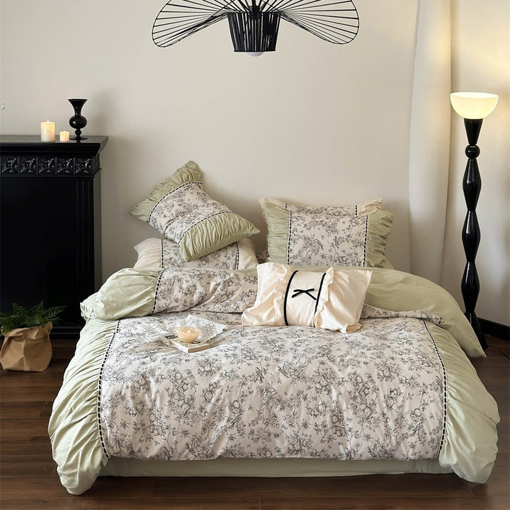 Luxury Floral Cotton Sateen Duvet Cover Set with Ruffled Pillow Shams
