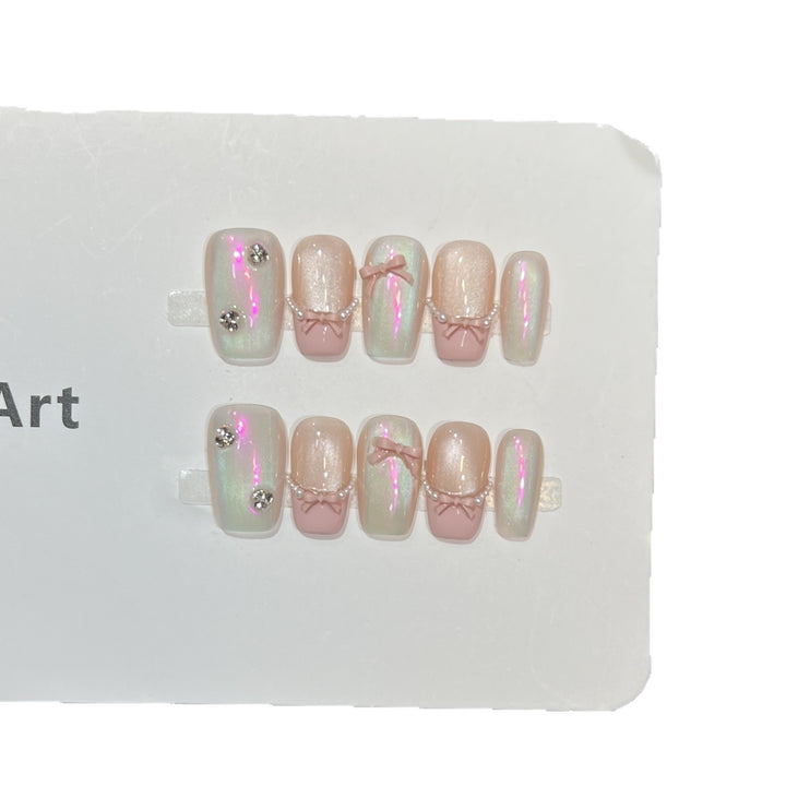 Decorative Press-On Nail Art Set with Artistic Bow and Pearl Accents Stornfield