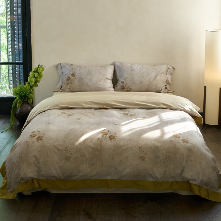 Washed Linen‑Feel Vintage Botanical Duvet Cover Set with Subtle Distressed Print