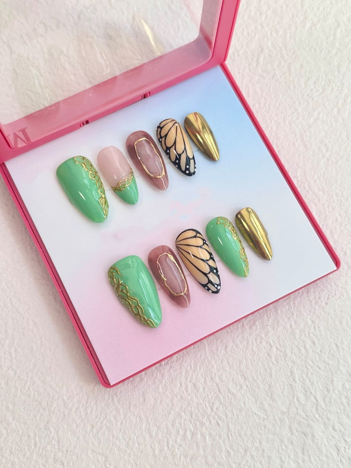 Artistic Press-On Nail Set with Elegant Butterfly and Floral Accents