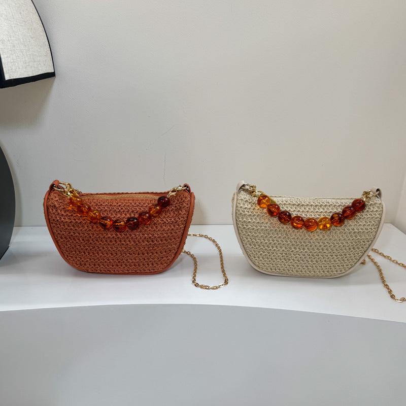 Stylish Woven Handbag with Beaded Handle Stornfield