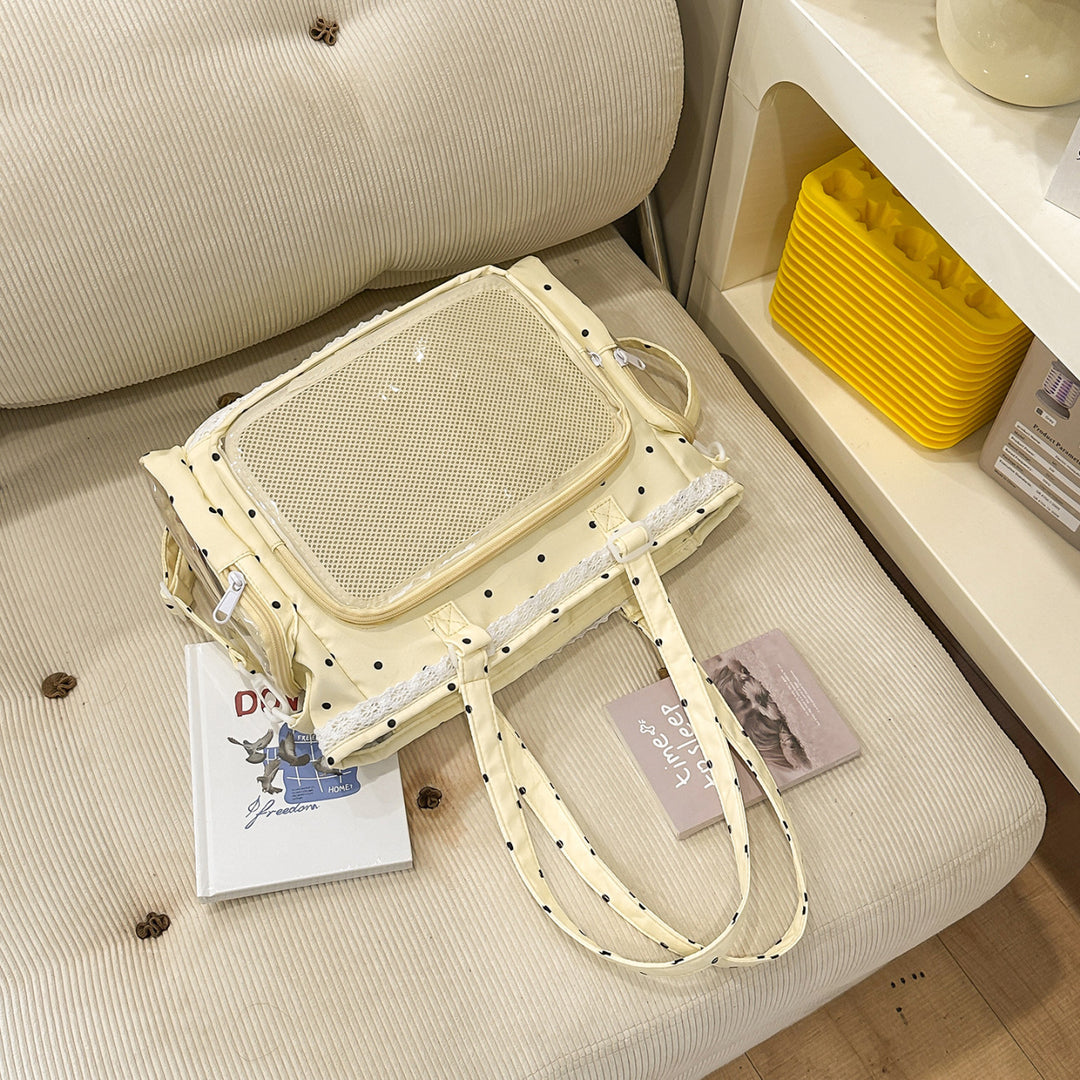 Handbag with Transparent Compartment Division and Playful Application Design Stornfield