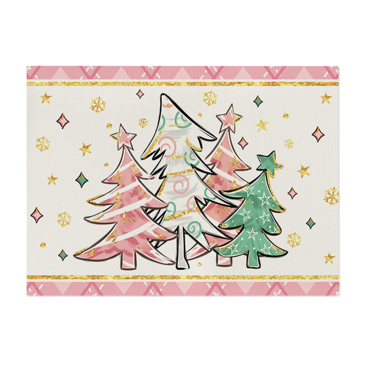 Decorative Rectangular Cotton-Linen Holiday Tablecloth with Repeating Hand-Painted Christmas Tree Motif